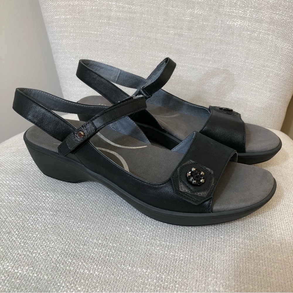 Naot Reserve Black Leather Dressy Comfort Wedge Sandals